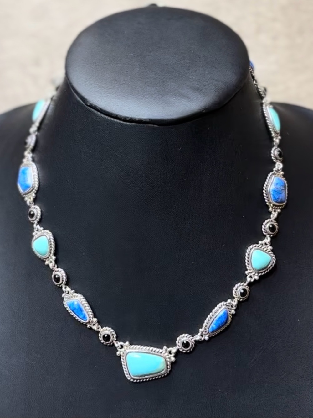 BARSE Sterling Silver Turquoise Lapis Lazuli and Onyx Southwest Necklace NWT